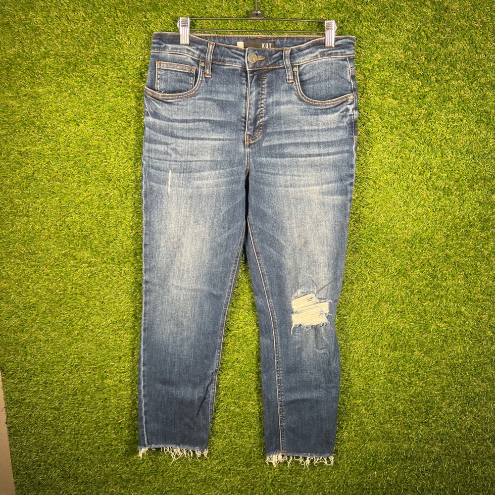 Kut from the Kloth High Rise Distressed Ankle Skinny Jeans Blue Size 8 Raw Hem